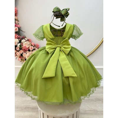 Vestido Infantil Verde Oliva C/ Busto Plissado Daminhas