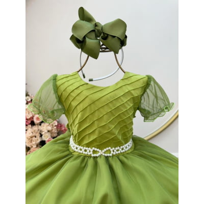Vestido Infantil Verde Oliva C/ Busto Plissado Daminhas