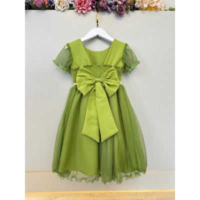 Vestido Infantil Verde Oliva C/ Busto Plissado Daminhas