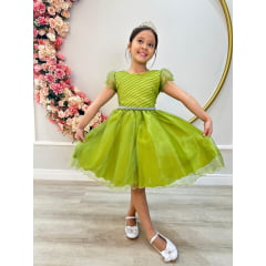 Vestido Infantil Verde Oliva C/ Busto Plissado e Pérolas