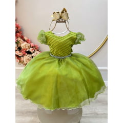 Vestido Infantil Verde Oliva C/ Busto Plissado e Pérolas