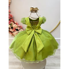 Vestido Infantil Verde Oliva C/ Busto Plissado e Pérolas