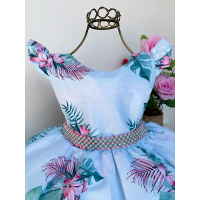 Vestido Infantil Verde Ramos de Flores Luxo Festas