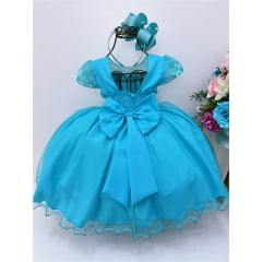 Vestido Infantil Azul Tiffany Aplique de Flores Borboletas