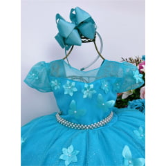 Vestido Infantil Azul Tiffany Aplique de Flores Borboletas