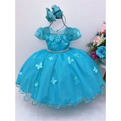 Vestido Infantil Azul Tiffany Aplique de Flores Borboletas