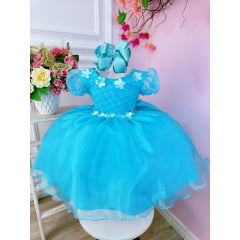 Vestido Infantil Verde Tiffany Princesas C/ Aplique Flores
