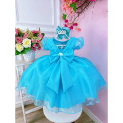 Vestido Infantil Verde Tiffany Princesas C/ Aplique Flores