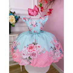 Vestido Infantil Verde Tiffany Rosas Cinto Pérolas Luxo Paris