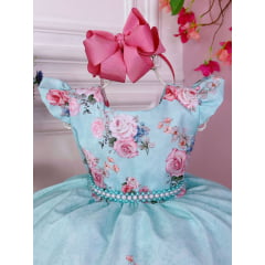 Vestido Infantil Verde Rosas Cinto Pérolas Luxo Paris