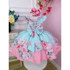 Vestido Infantil Verde Rosas Cinto Pérolas Luxo Paris