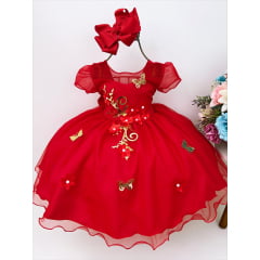 Vestido Infantil Vermelho Aplique Flores Borboletas Douradas