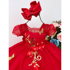 Vestido Infantil Vermelho Aplique Flores Borboletas Douradas