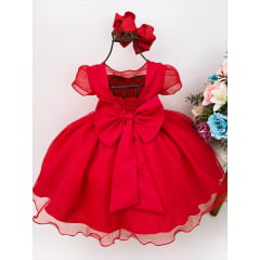 Vestido Infantil Vermelho Aplique Flores Borboletas Douradas