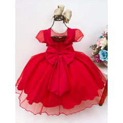 Vestido Infantil Vermelho Apliques Douradas e Flores Luxo