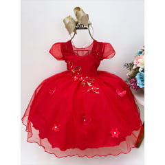 Vestido Infantil Vermelho Apliques Douradas e Flores Luxo