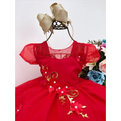 Vestido Infantil Vermelho Apliques Douradas e Flores Luxo