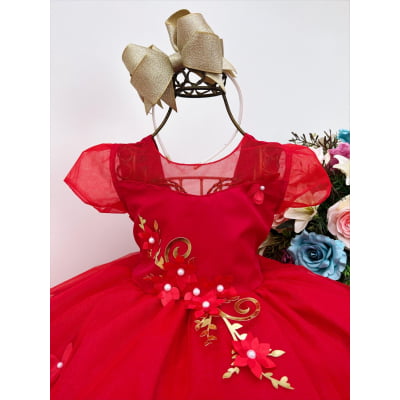 Vestido Infantil Vermelho Apliques Douradas e Flores Luxo