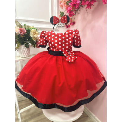 Vestido Infantil Vermelho Bolinhas Minnie Festas Aniversários