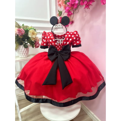 Vestido Infantil Vermelho Bolinhas Minnie Festas Aniversários
