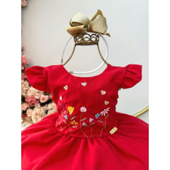 Vestido Infantil Vermelho Busto Com Bordado Festas Luxo