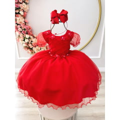 Vestido Infantil Vermelho Busto Nervura Apliques Flores