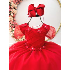 Vestido Infantil Vermelho Busto Nervura Apliques Flores
