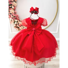 Vestido Infantil Vermelho Busto Nervura Apliques Flores
