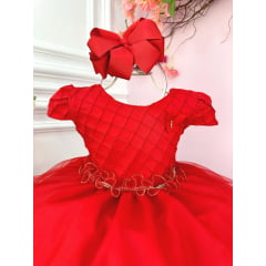 Vestido Infantil Vermelho Busto Nervura Flores Strass Natal