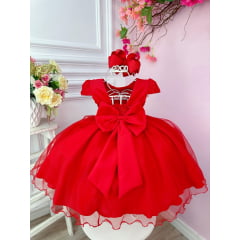 Vestido Infantil Vermelho Busto Nervura Flores Strass Natal