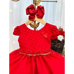 Vestido Infantil Vermelho Busto Nervura Flores Strass Natal