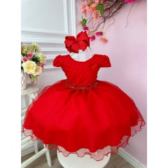 Vestido Infantil Vermelho Busto Nervura Flores Strass Natal
