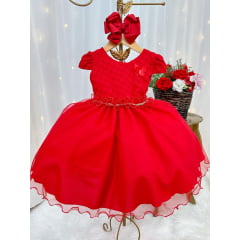 Vestido Infantil Vermelho Busto Nervura Flores Strass Natal