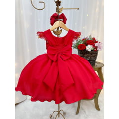 Vestido Infantil Vermelho Busto Nervura Flores Strass Natal