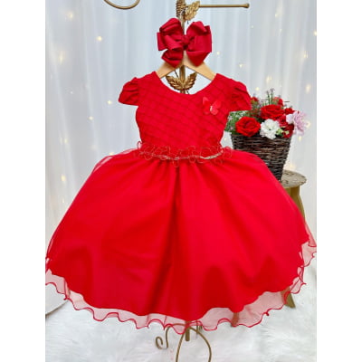 Vestido Infantil Vermelho Busto Nervura Flores Strass Natal
