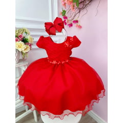 Vestido Infantil Vermelho Busto Plissado Flores Festas Natal