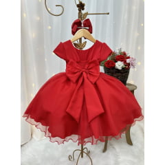Vestido Infantil Vermelho Busto Plissado Flores Festas Natal
