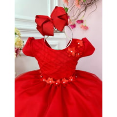 Vestido Infantil Vermelho Busto Plissado Flores Festas Natal