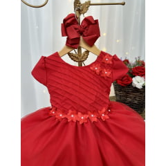 Vestido Infantil Vermelho Busto Plissado Flores Festas Natal