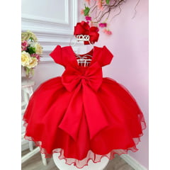 Vestido Infantil Vermelho Busto Plissado Flores Festas Natal