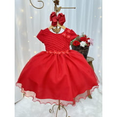 Vestido Infantil Vermelho Busto Plissado Flores Festas Natal