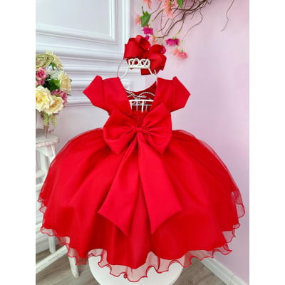 Vestido Infantil Vermelho Busto Plissado Flores Festas Natal