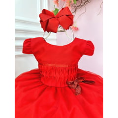 Vestido Infantil Vermelho Busto Plissado Lacinho Festa Natal