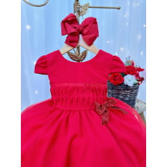 Vestido Infantil Vermelho Busto Plissado Lacinho Festa Natal