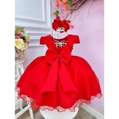Vestido Infantil Vermelho Busto Plissado Lacinho Festa Natal