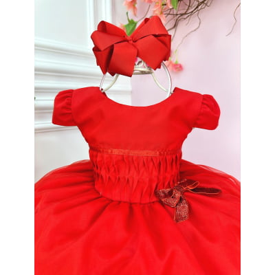 Vestido Infantil Vermelho Busto Plissado Lacinho Festa Natal