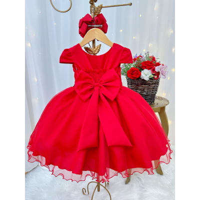 Vestido Infantil Vermelho Busto Plissado Lacinho Festa Natal