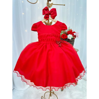 Vestido Infantil Vermelho Busto Plissado Lacinho Festa Natal