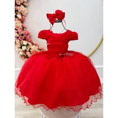 Vestido Infantil Vermelho Busto Plissado Lacinho Natal Festa