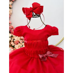 Vestido Infantil Vermelho Busto Plissado Lacinho Natal Festa